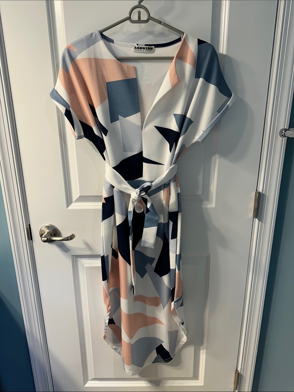 Ecowish Abstract Colorblock Tie-Waist Midi Dress in White, Blue & Peach